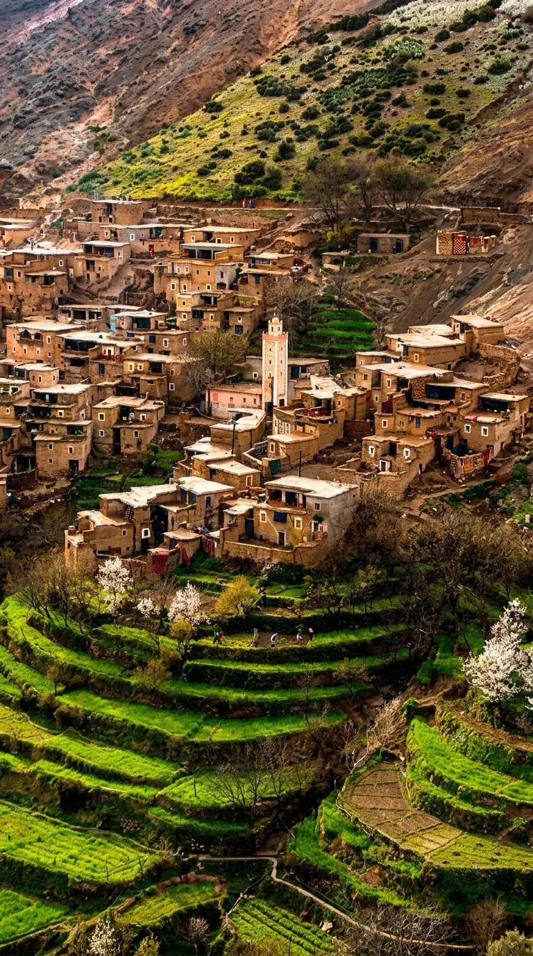 Green terraced Atlas mountain village with earth houses and a mosque in the valley.