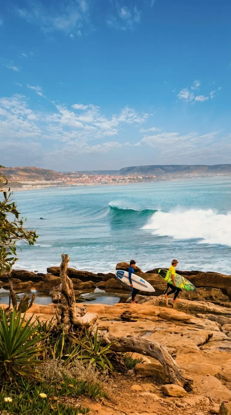 Two surfers walking along a rocky Moroccan coast with a breaking wave behind them.