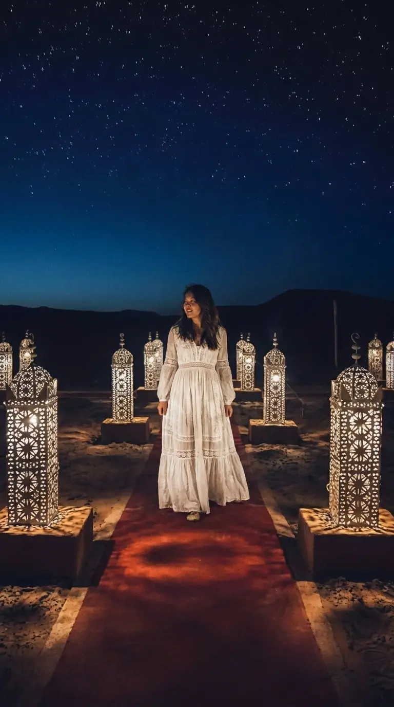 Woman walking between illuminated Moroccan lanterns under a starry desert sky.