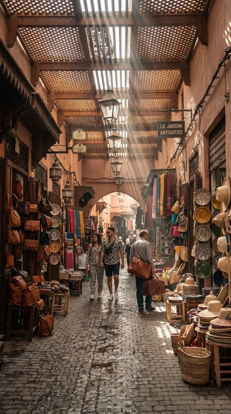 Sunlit Marrakech souk passage with lanterns, artisan shops, and travelers walking through the medina.