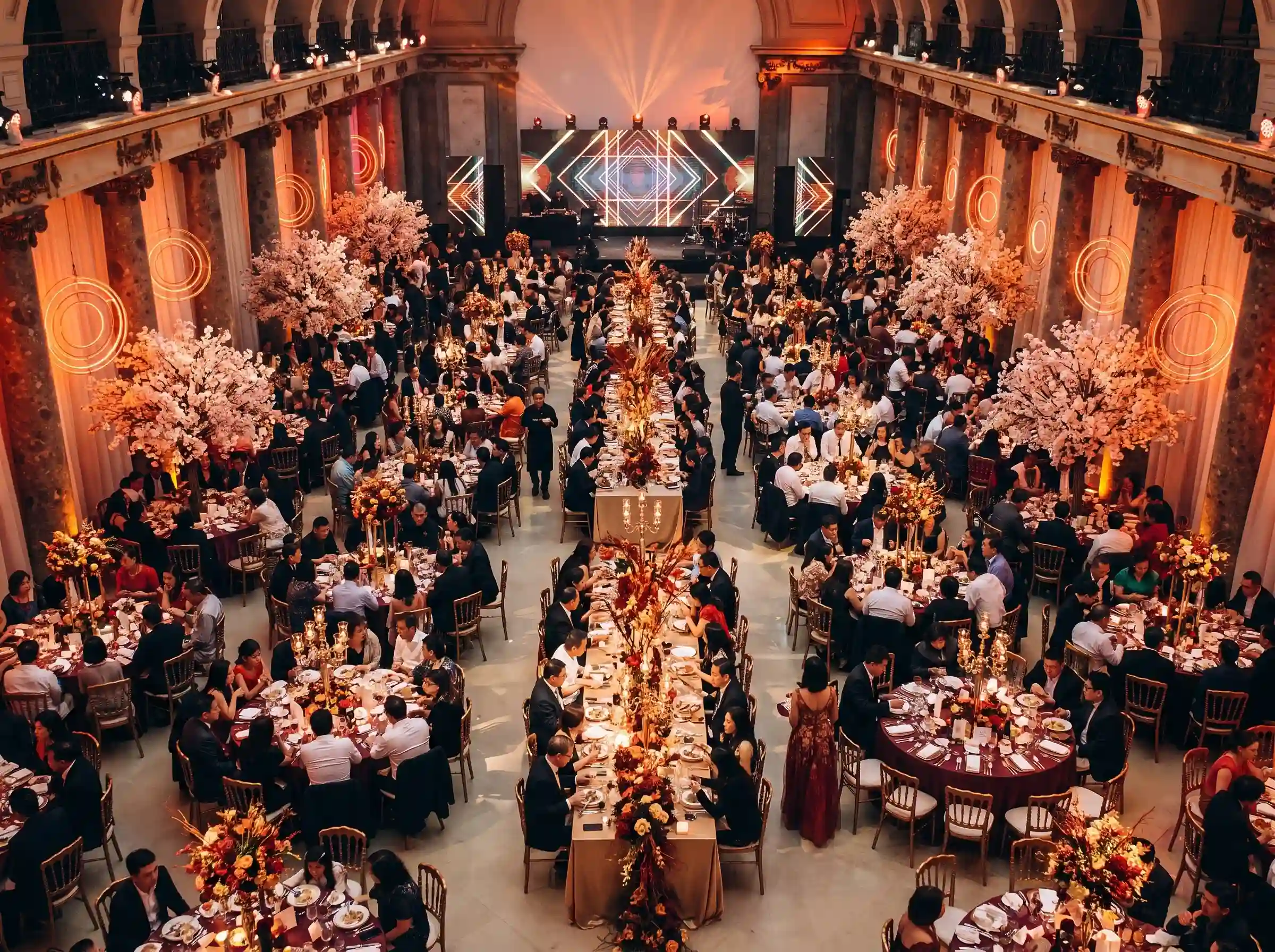 Elegant Moroccan group dinner setup with warm lighting, refined table styling, and a premium retreat atmosphere.