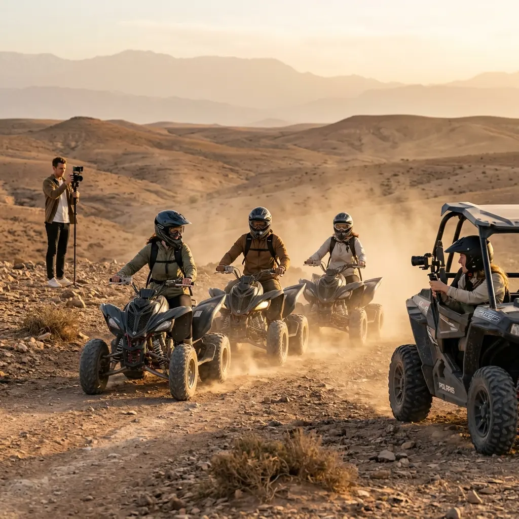 Creator and local guide sitting on desert dunes with camera gear at golden hour.