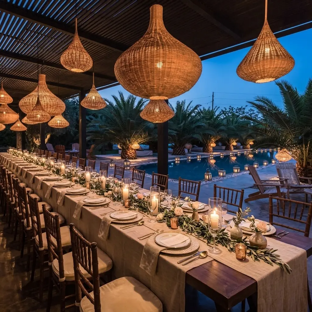 Long candlelit dinner table beside a pool for a private Moroccan event.