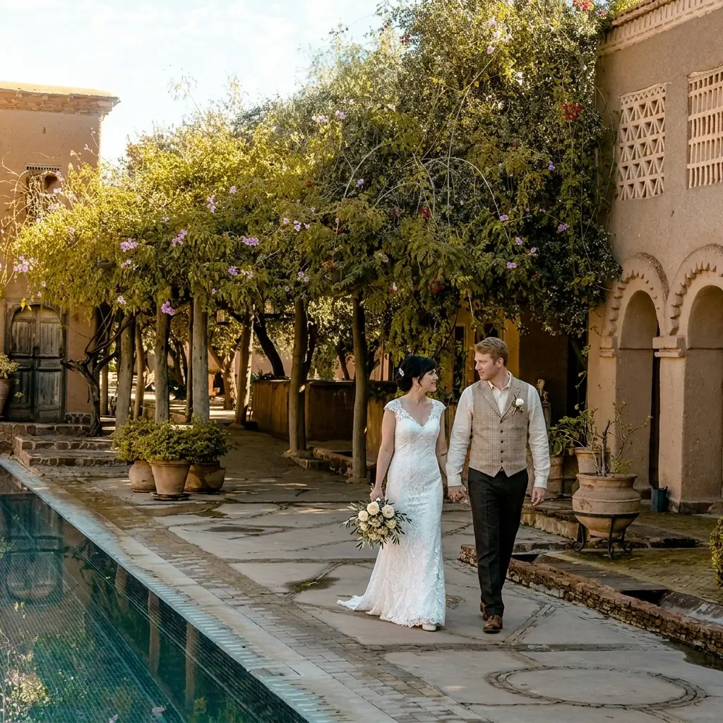 Bride and groom walking through a refined Moroccan courtyard wedding setting.
