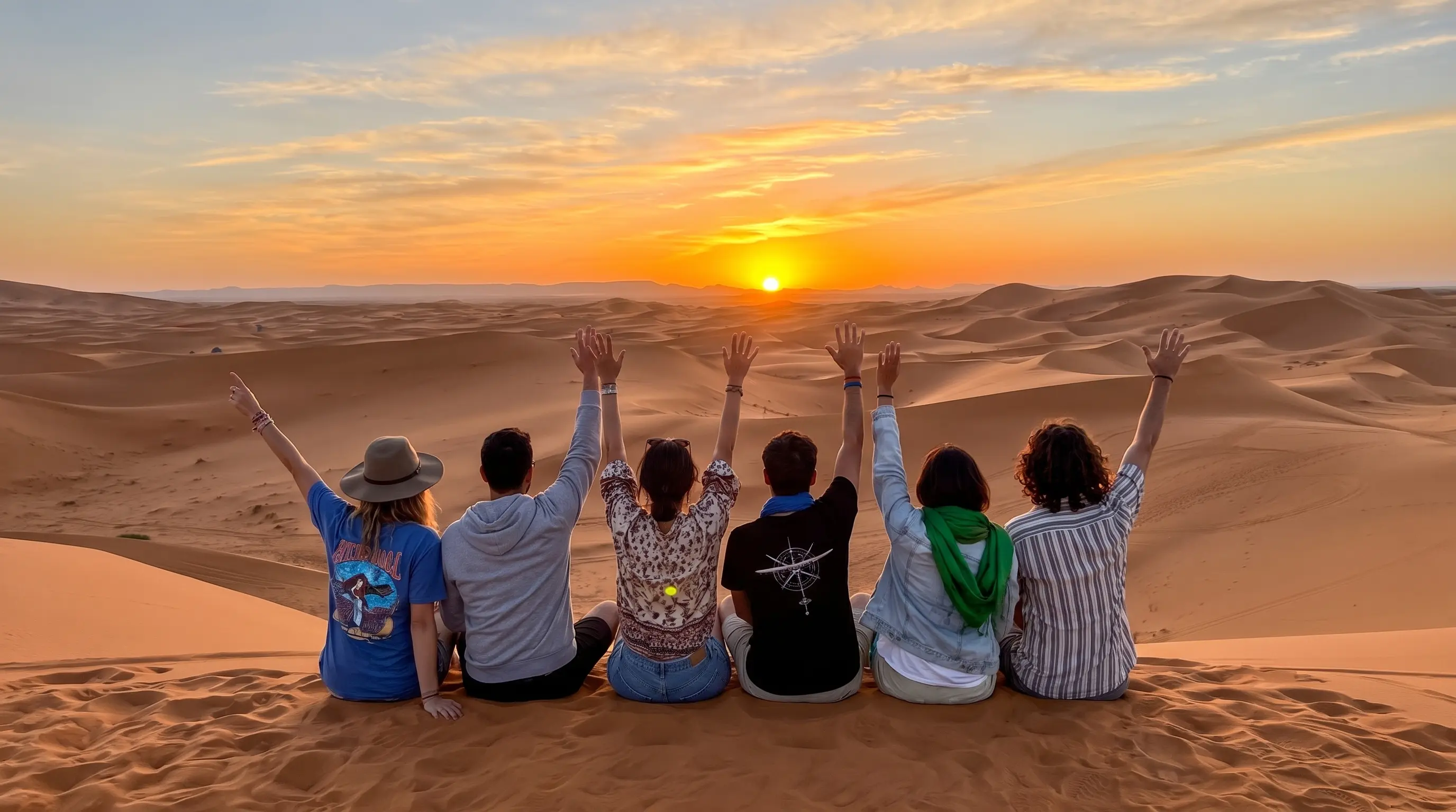 Group of friends sitting on Sahara dunes at sunset, celebrating the start of a Morocco experience.