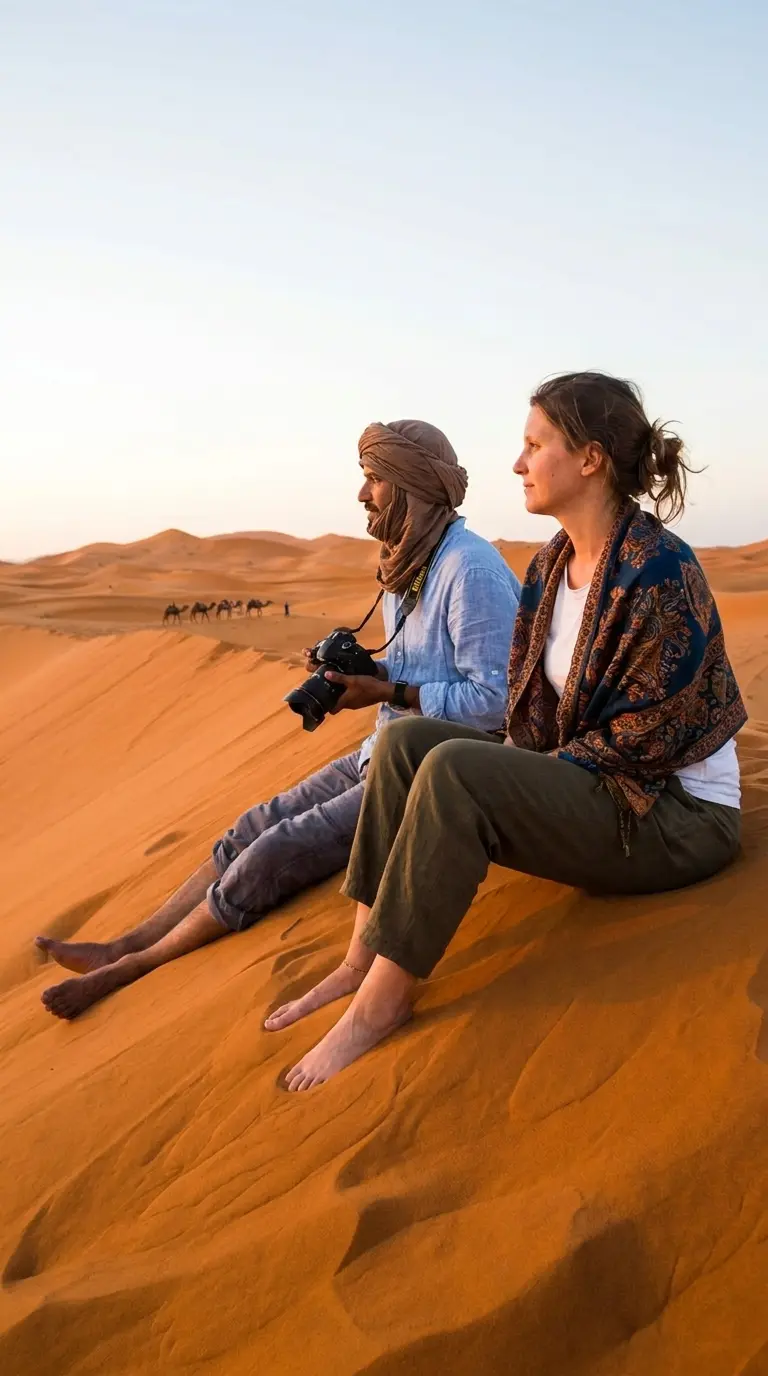Creator and local guide sitting on desert dunes with camera gear at golden hour.