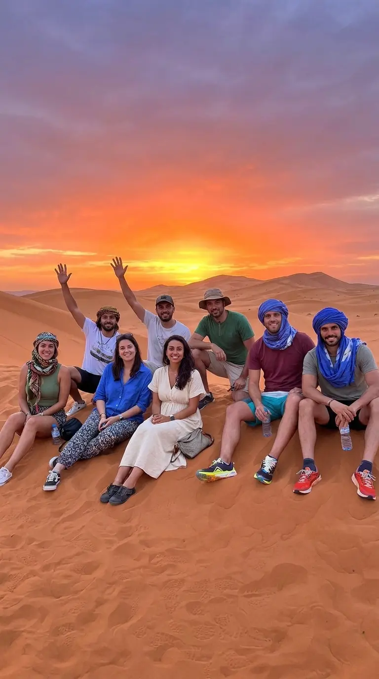 Small group sitting on Sahara dunes at sunset with hands raised toward the horizon.