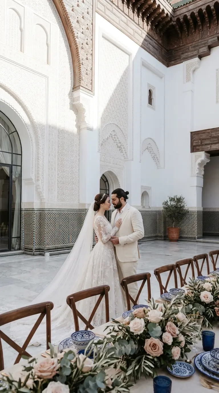 Bride and groom beside a floral table in an elegant Moroccan palace courtyard.