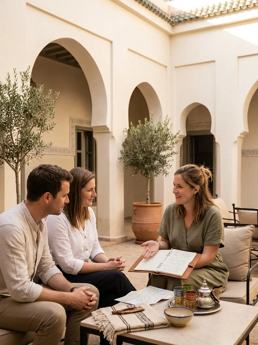 Travel planner speaking with a couple in a quiet riad courtyard with tea and itinerary notes.